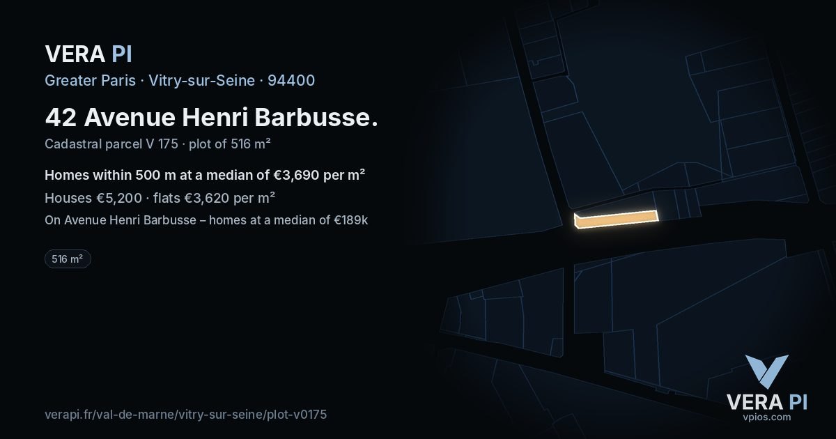 42 Avenue Henri Barbusse, Vitry-sur-Seine at night – the plot lit, the parcels around coloured by the prices near them