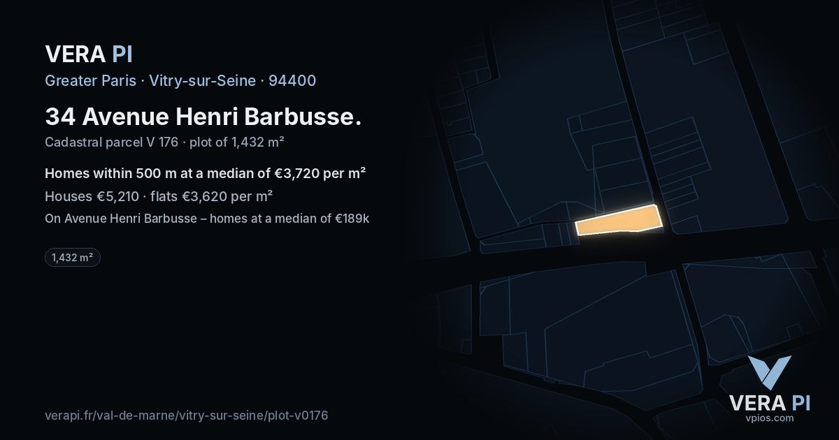 34 Avenue Henri Barbusse, Vitry-sur-Seine at night – the plot lit, the parcels around coloured by the prices near them