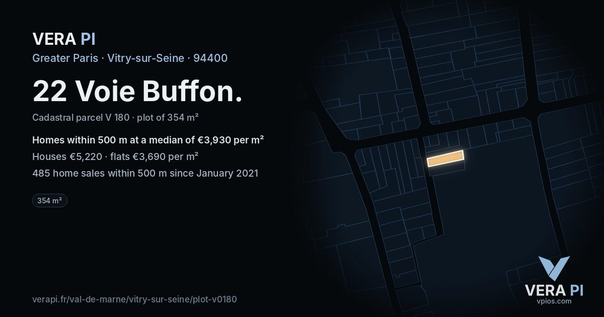 22 Voie Buffon, Vitry-sur-Seine at night – the plot lit, the parcels around coloured by the prices near them