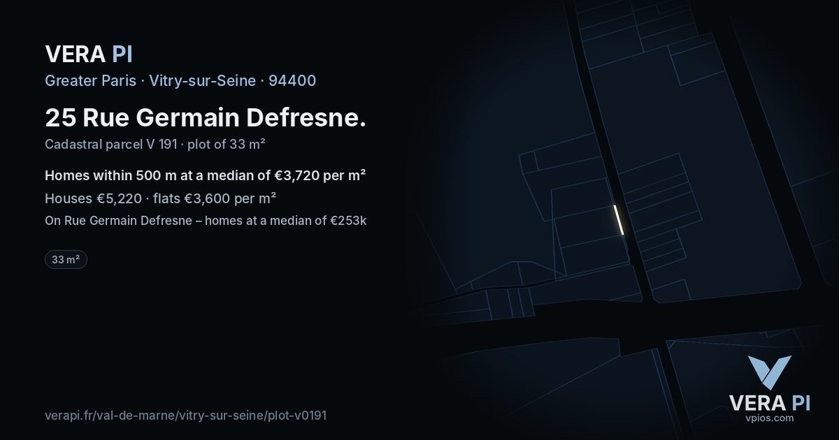 25 Rue Germain Defresne, Vitry-sur-Seine at night – the plot lit, the parcels around coloured by the prices near them