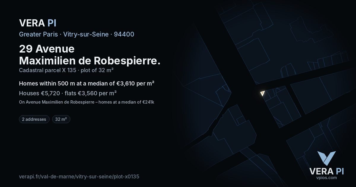 29 Avenue Maximilien de Robespierre, Vitry-sur-Seine at night – the plot lit, the parcels around coloured by the prices near them