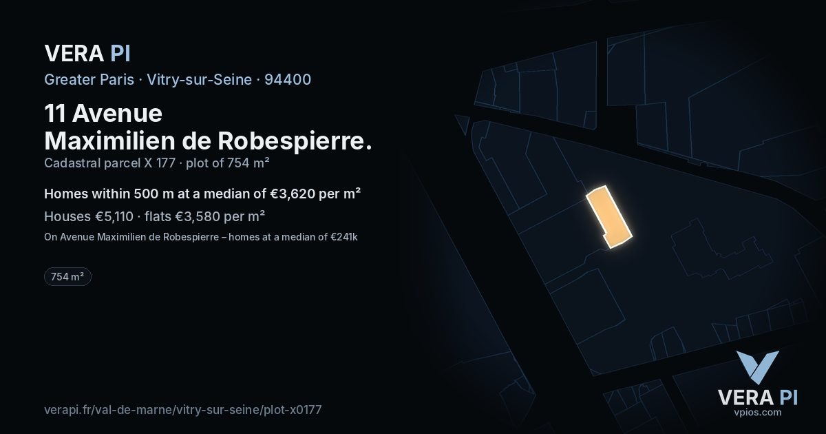 11 Avenue Maximilien de Robespierre, Vitry-sur-Seine at night – the plot lit, the parcels around coloured by the prices near them