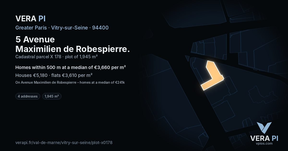 5 Avenue Maximilien de Robespierre, Vitry-sur-Seine at night – the plot lit, the parcels around coloured by the prices near them