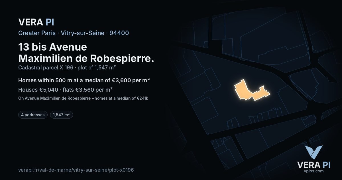 13 bis Avenue Maximilien de Robespierre, Vitry-sur-Seine at night – the plot lit, the parcels around coloured by the prices near them