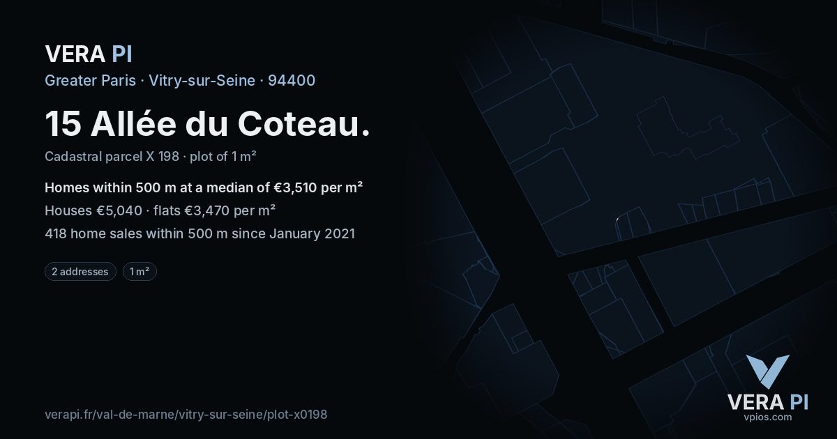 15 Allée du Coteau, Vitry-sur-Seine at night – the plot lit, the parcels around coloured by the prices near them