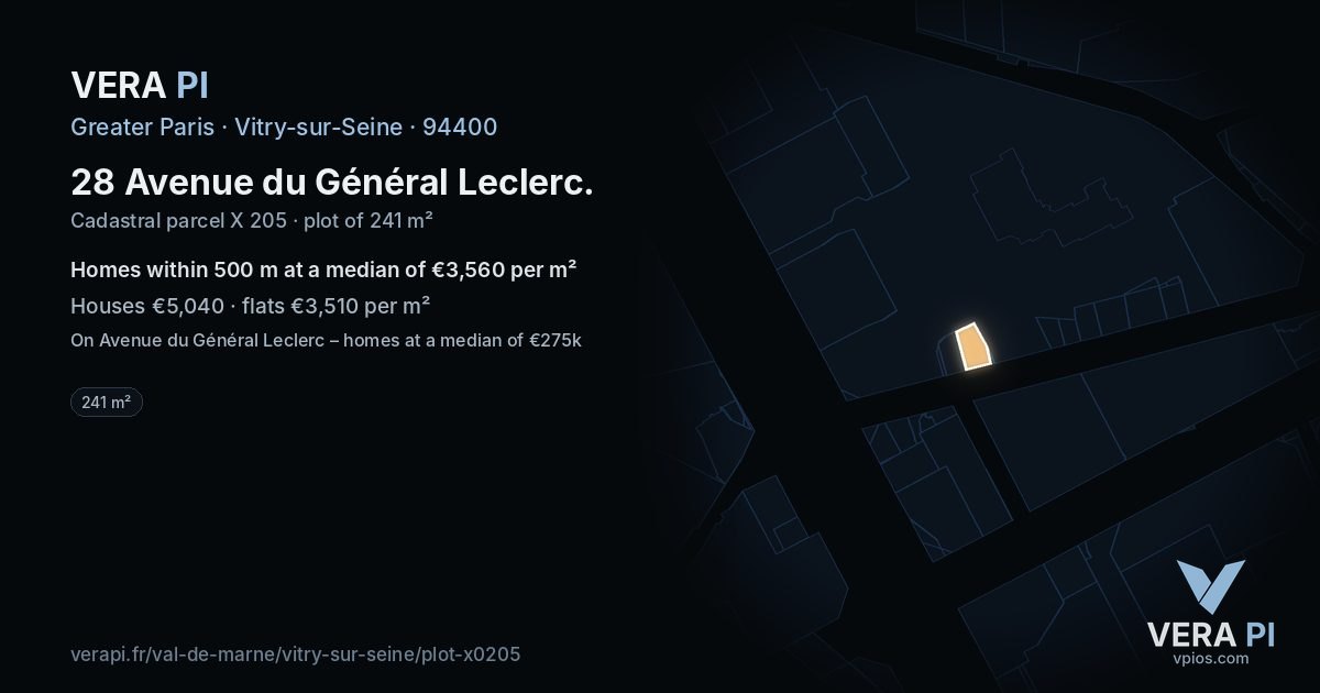 28 Avenue du Général Leclerc, Vitry-sur-Seine at night – the plot lit, the parcels around coloured by the prices near them