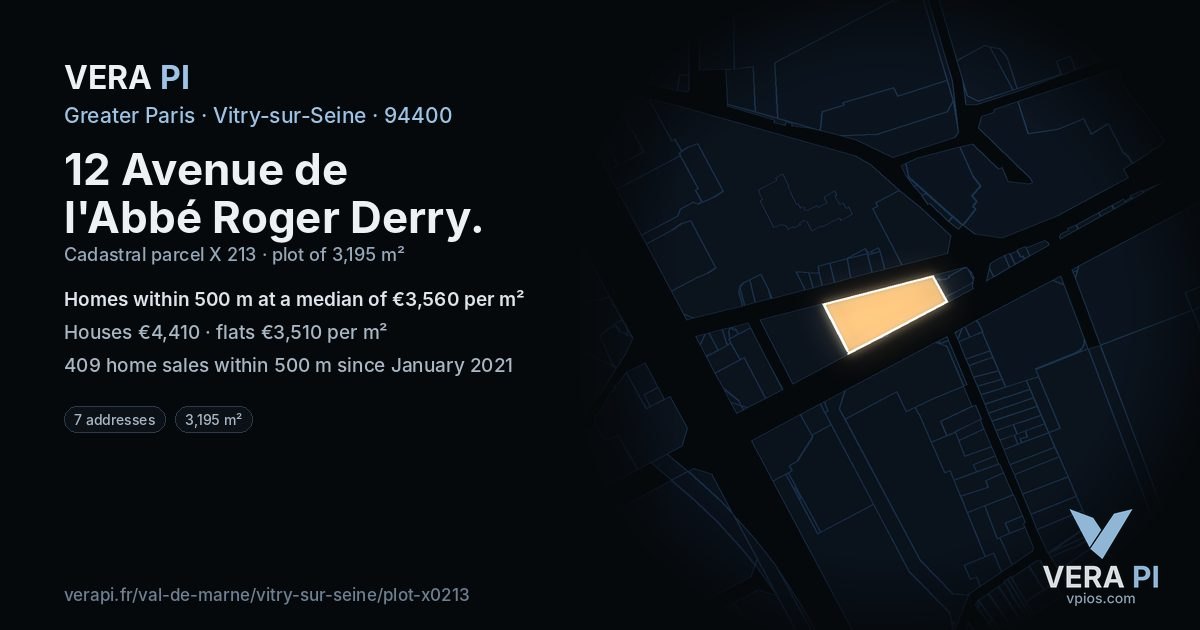 12 Avenue de l'Abbé Roger Derry, Vitry-sur-Seine at night – the plot lit, the parcels around coloured by the prices near them