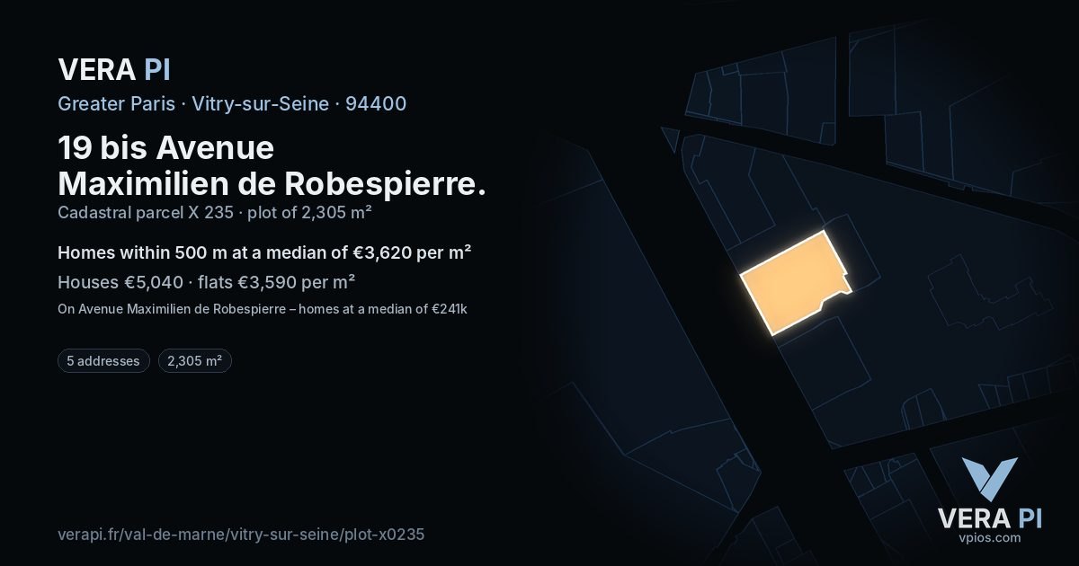 19 bis Avenue Maximilien de Robespierre, Vitry-sur-Seine at night – the plot lit, the parcels around coloured by the prices near them