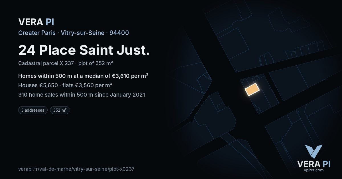 24 Place Saint Just, Vitry-sur-Seine at night – the plot lit, the parcels around coloured by the prices near them