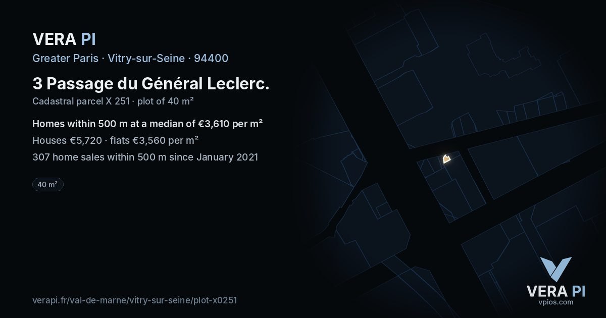 3 Passage du Général Leclerc, Vitry-sur-Seine at night – the plot lit, the parcels around coloured by the prices near them