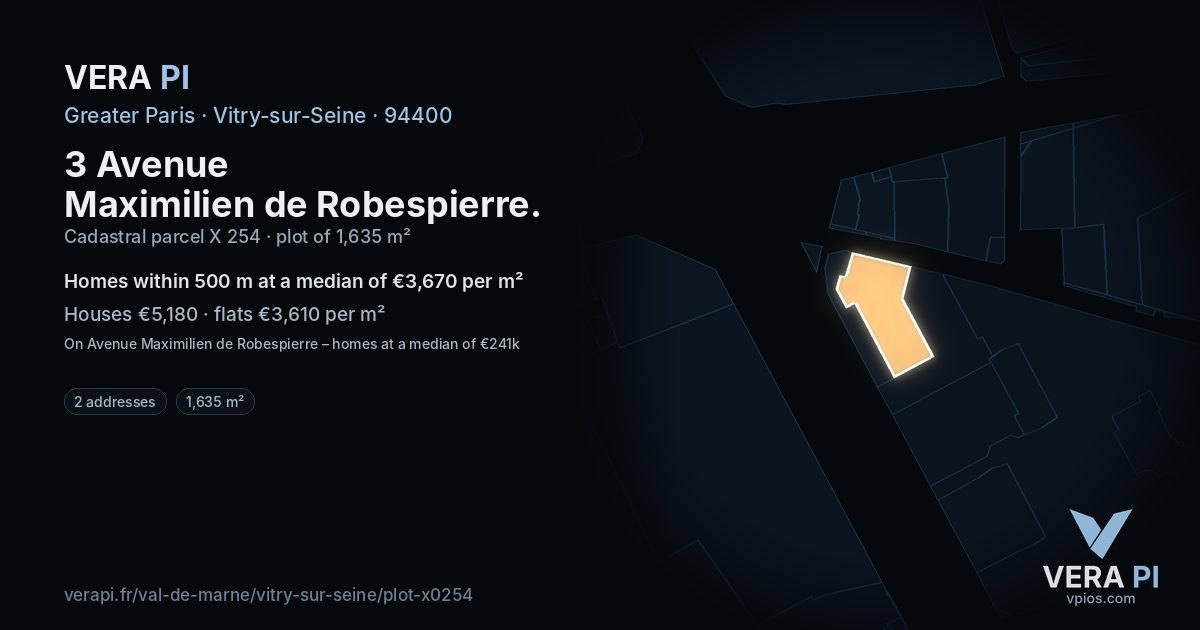 3 Avenue Maximilien de Robespierre, Vitry-sur-Seine at night – the plot lit, the parcels around coloured by the prices near them
