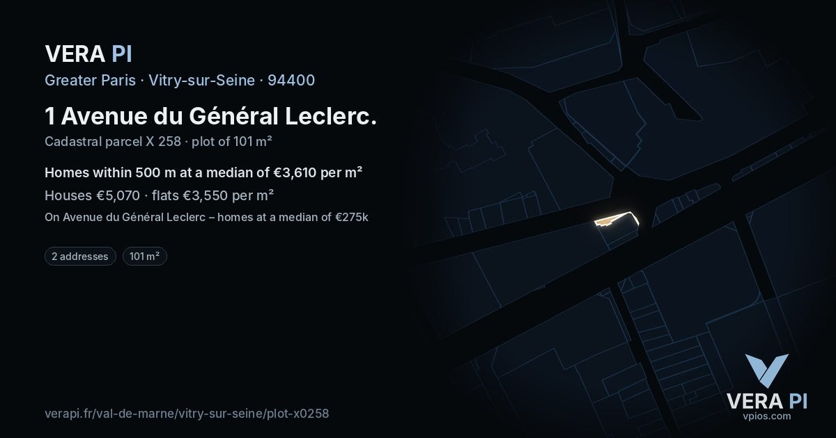 1 Avenue du Général Leclerc, Vitry-sur-Seine at night – the plot lit, the parcels around coloured by the prices near them