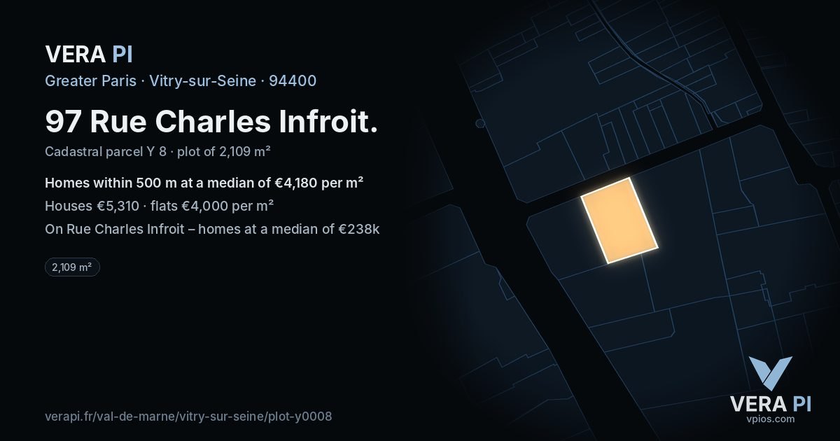 97 Rue Charles Infroit, Vitry-sur-Seine at night – the plot lit, the parcels around coloured by the prices near them