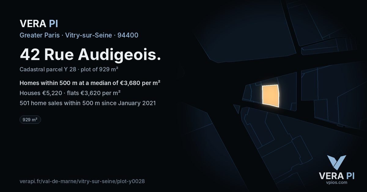 42 Rue Audigeois, Vitry-sur-Seine at night – the plot lit, the parcels around coloured by the prices near them