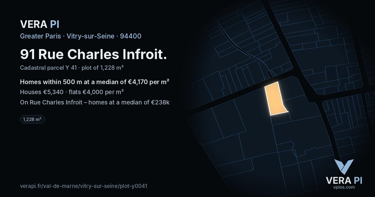 91 Rue Charles Infroit, Vitry-sur-Seine at night – the plot lit, the parcels around coloured by the prices near them