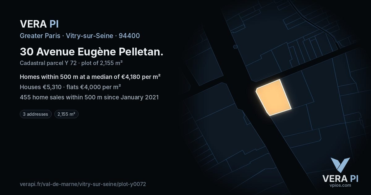 30 Avenue Eugène Pelletan, Vitry-sur-Seine at night – the plot lit, the parcels around coloured by the prices near them