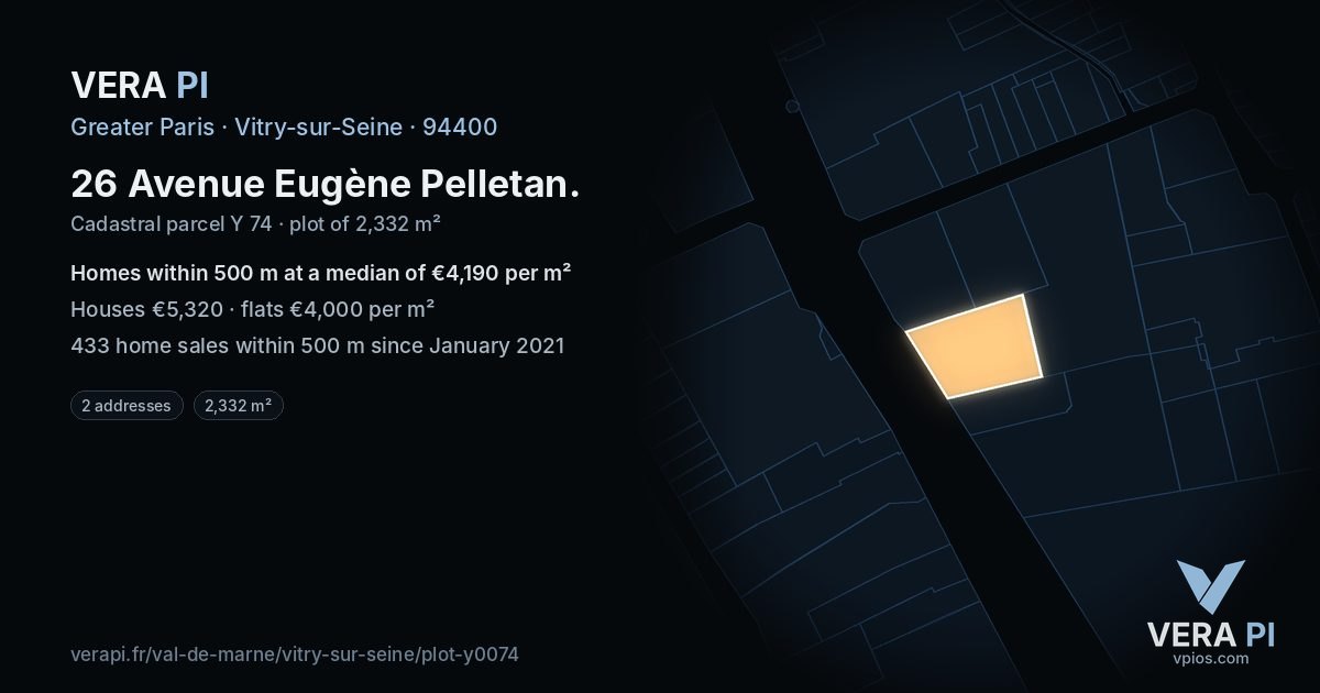 26 Avenue Eugène Pelletan, Vitry-sur-Seine at night – the plot lit, the parcels around coloured by the prices near them