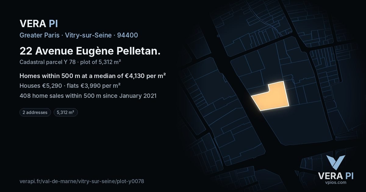 22 Avenue Eugène Pelletan, Vitry-sur-Seine at night – the plot lit, the parcels around coloured by the prices near them