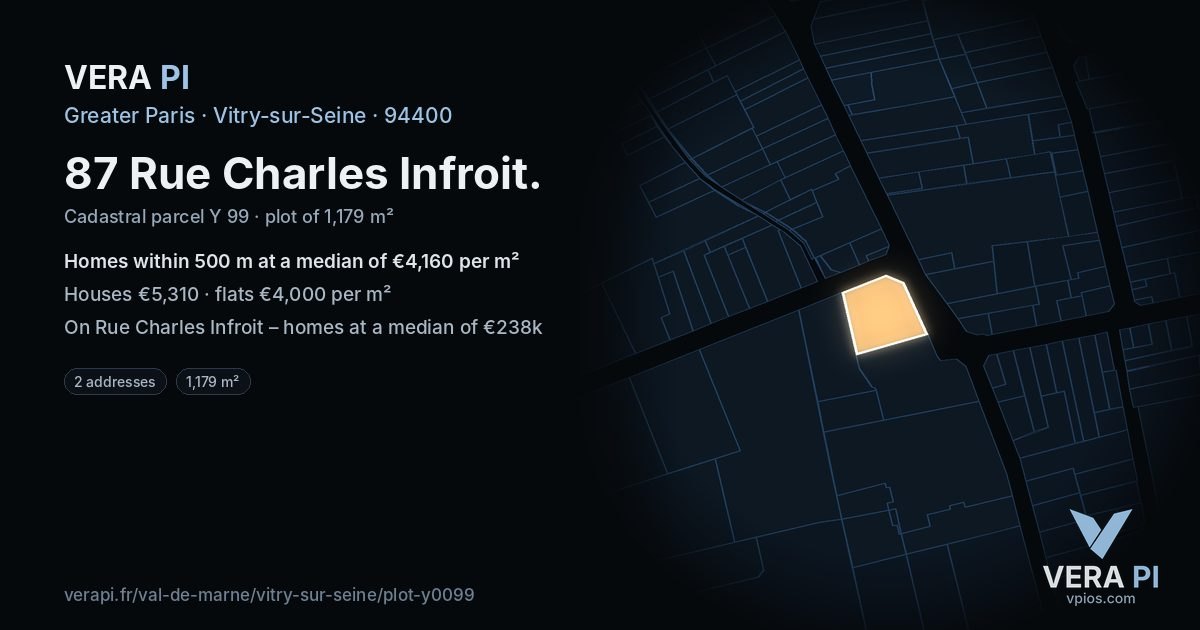 87 Rue Charles Infroit, Vitry-sur-Seine at night – the plot lit, the parcels around coloured by the prices near them