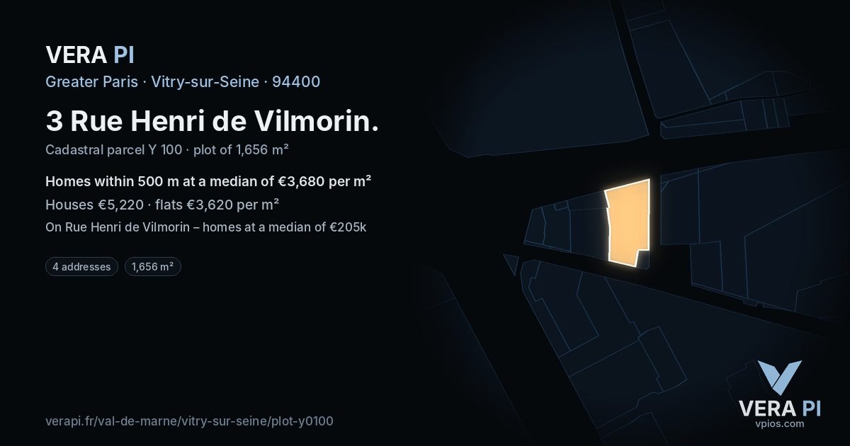 3 Rue Henri de Vilmorin, Vitry-sur-Seine at night – the plot lit, the parcels around coloured by the prices near them