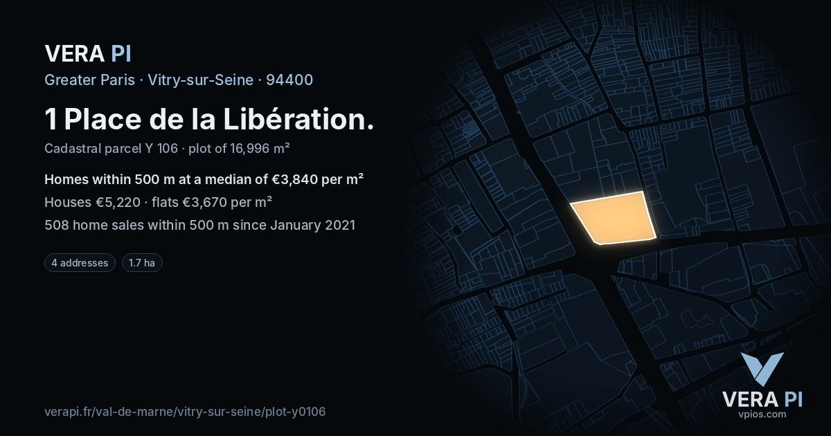 1 Place de la Libération, Vitry-sur-Seine at night – the plot lit, the parcels around coloured by the prices near them