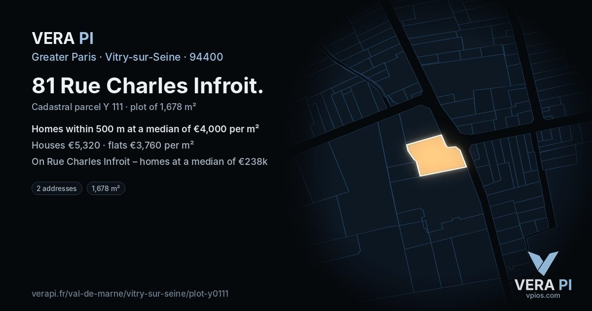 81 Rue Charles Infroit, Vitry-sur-Seine at night – the plot lit, the parcels around coloured by the prices near them