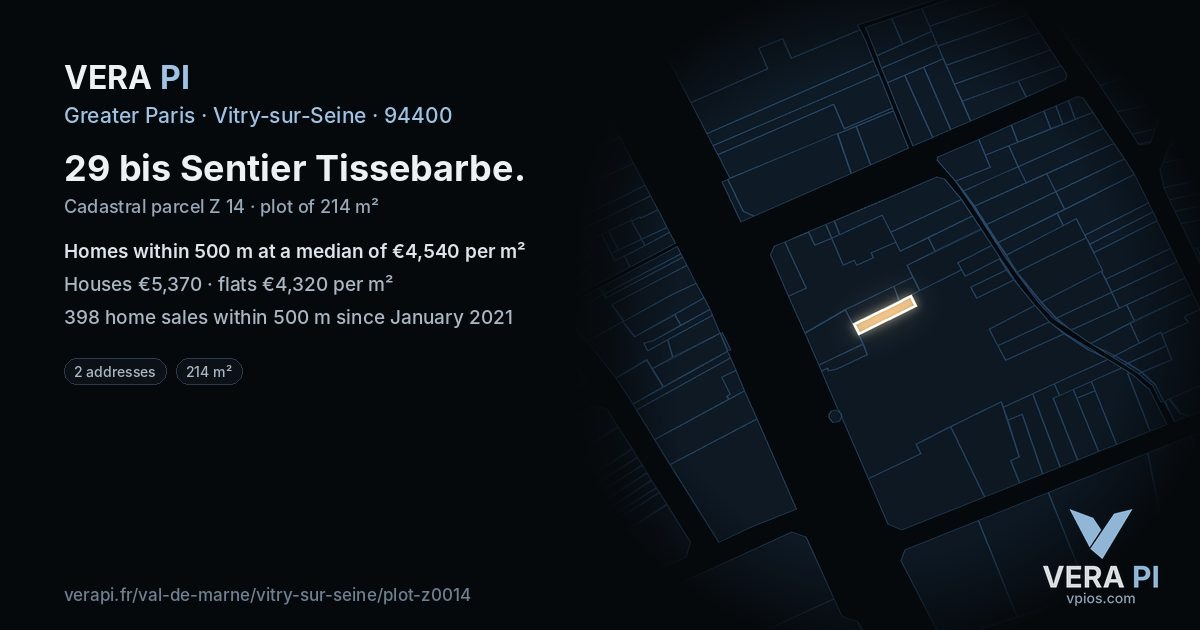 29 bis Sentier Tissebarbe, Vitry-sur-Seine at night – the plot lit, the parcels around coloured by the prices near them