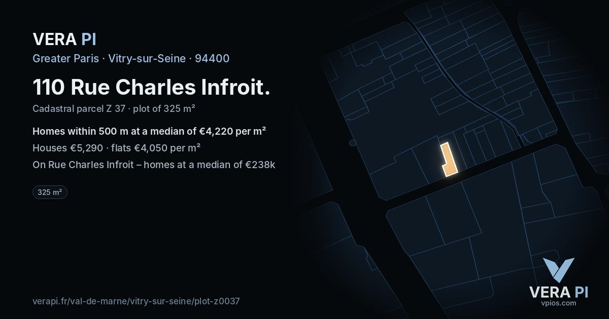 110 Rue Charles Infroit, Vitry-sur-Seine at night – the plot lit, the parcels around coloured by the prices near them