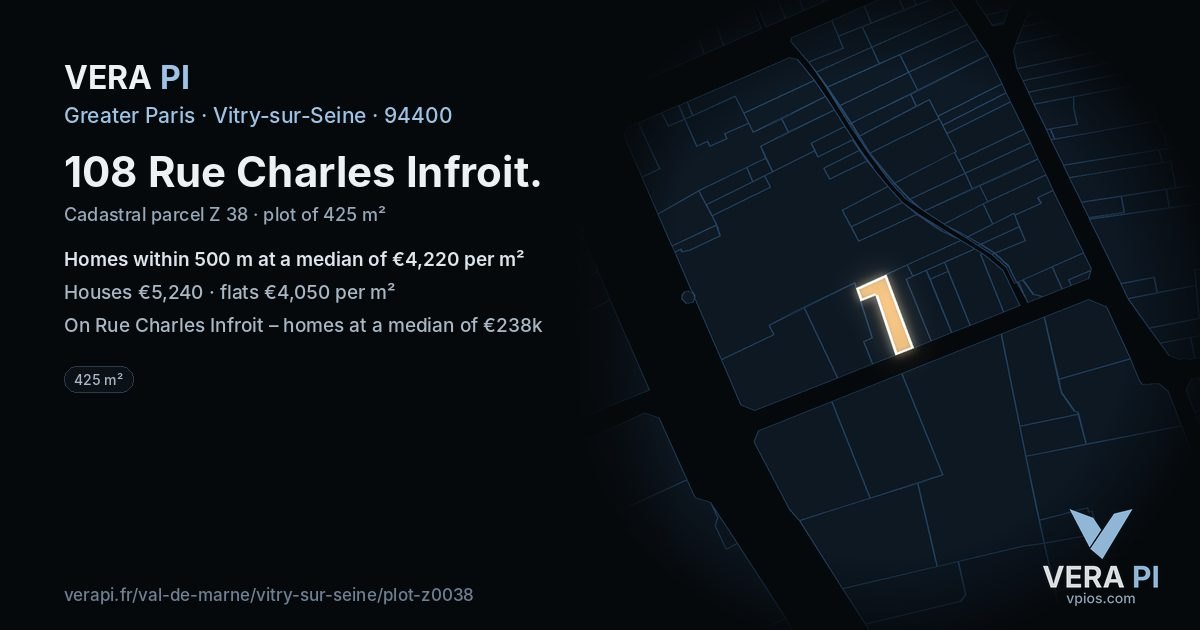 108 Rue Charles Infroit, Vitry-sur-Seine at night – the plot lit, the parcels around coloured by the prices near them