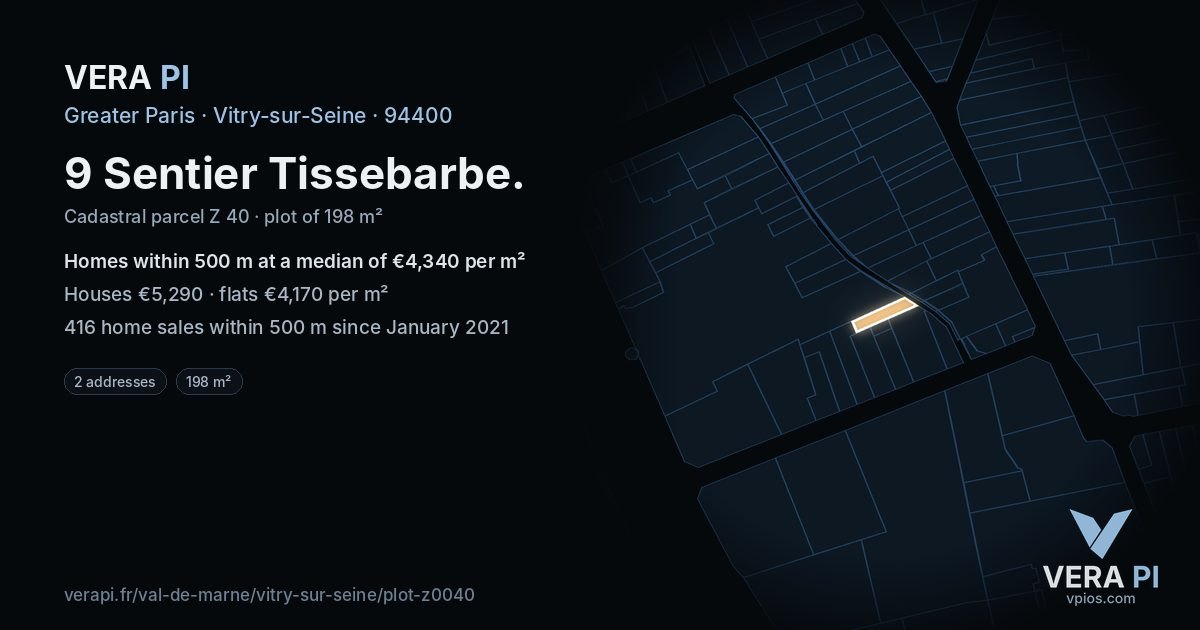 9 Sentier Tissebarbe, Vitry-sur-Seine at night – the plot lit, the parcels around coloured by the prices near them