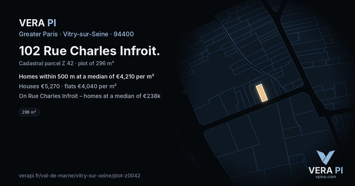 102 Rue Charles Infroit, Vitry-sur-Seine at night – the plot lit, the parcels around coloured by the prices near them