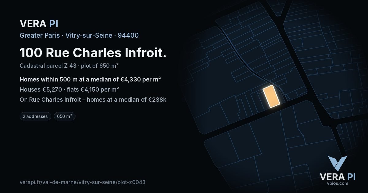 100 Rue Charles Infroit, Vitry-sur-Seine at night – the plot lit, the parcels around coloured by the prices near them