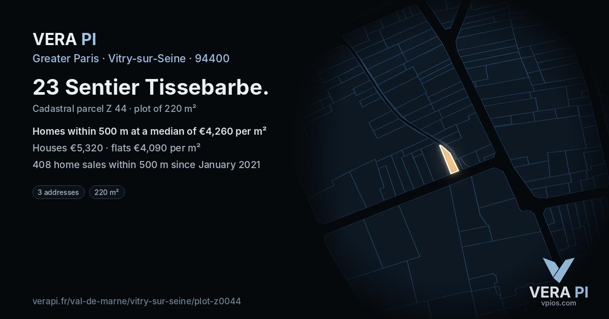 23 Sentier Tissebarbe, Vitry-sur-Seine at night – the plot lit, the parcels around coloured by the prices near them