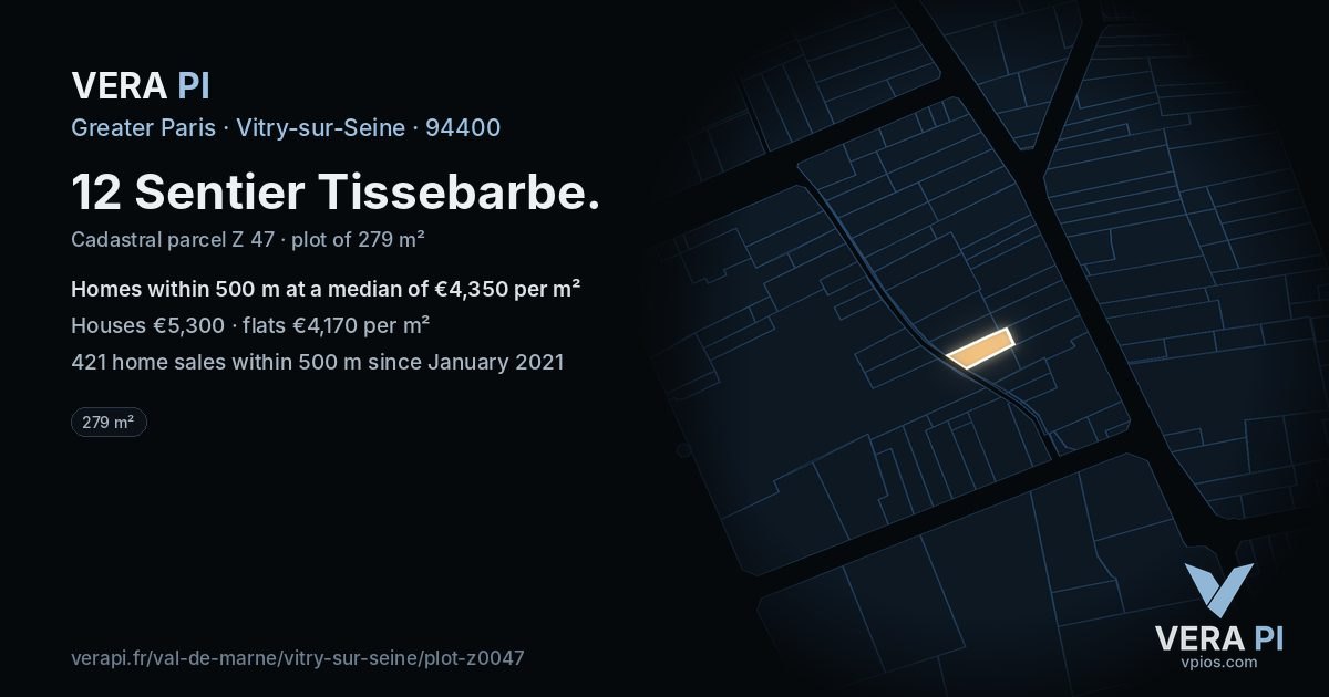 12 Sentier Tissebarbe, Vitry-sur-Seine at night – the plot lit, the parcels around coloured by the prices near them