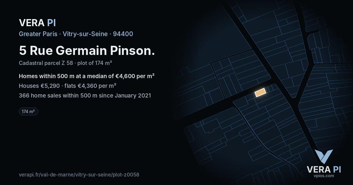 5 Rue Germain Pinson, Vitry-sur-Seine at night – the plot lit, the parcels around coloured by the prices near them