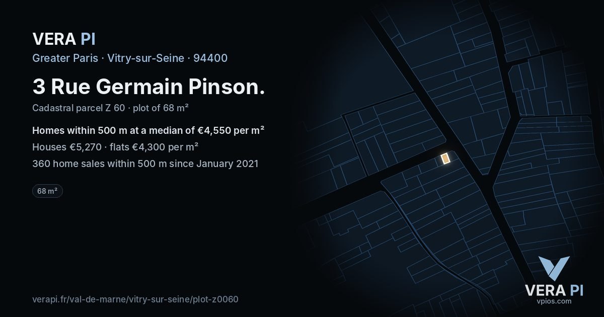 3 Rue Germain Pinson, Vitry-sur-Seine at night – the plot lit, the parcels around coloured by the prices near them