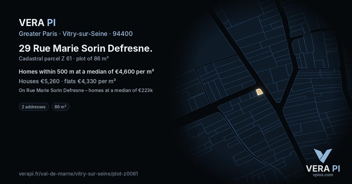 29 Rue Marie Sorin Defresne, Vitry-sur-Seine at night – the plot lit, the parcels around coloured by the prices near them
