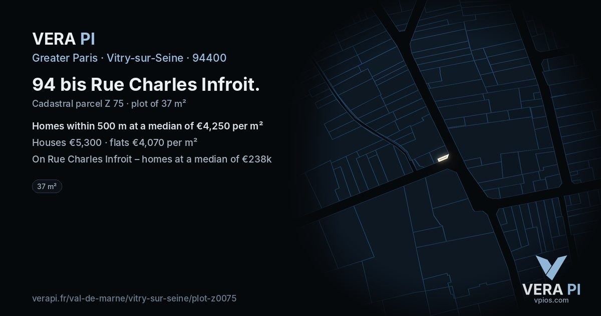94 bis Rue Charles Infroit, Vitry-sur-Seine at night – the plot lit, the parcels around coloured by the prices near them