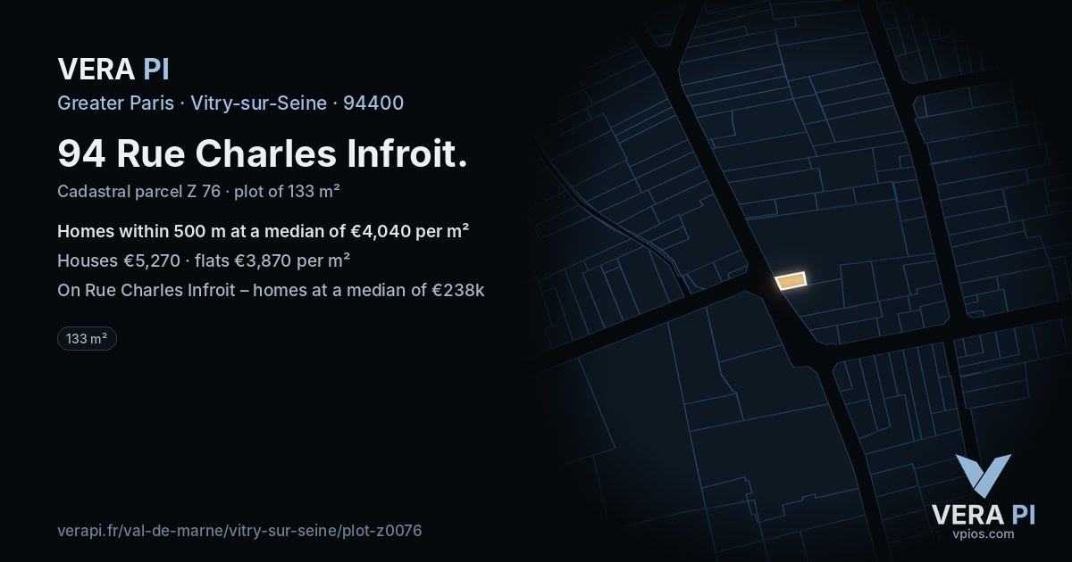 94 Rue Charles Infroit, Vitry-sur-Seine at night – the plot lit, the parcels around coloured by the prices near them