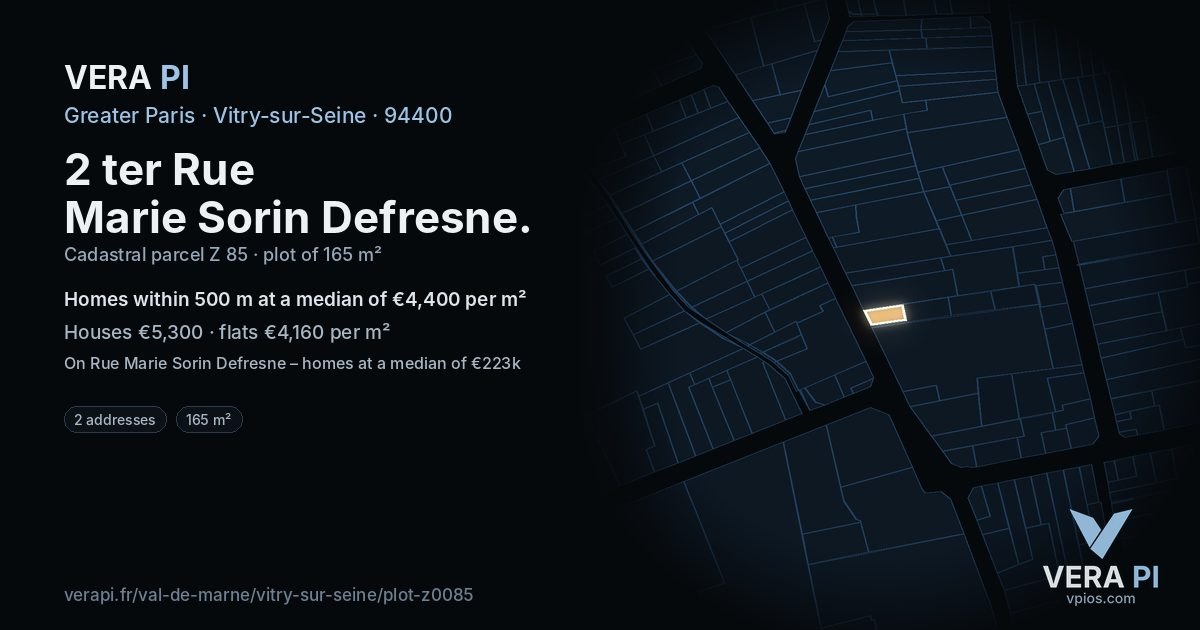 2 ter Rue Marie Sorin Defresne, Vitry-sur-Seine at night – the plot lit, the parcels around coloured by the prices near them