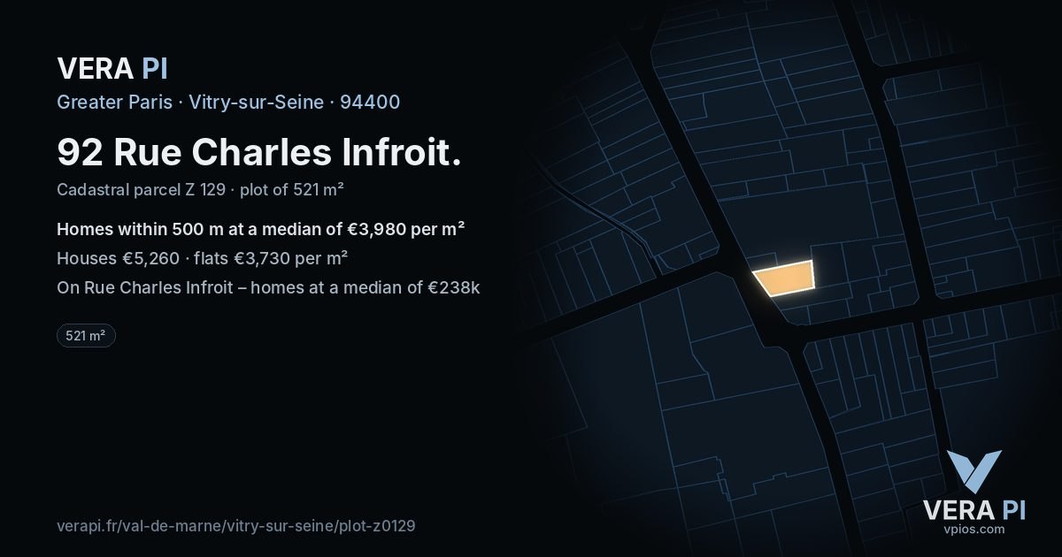 92 Rue Charles Infroit, Vitry-sur-Seine at night – the plot lit, the parcels around coloured by the prices near them