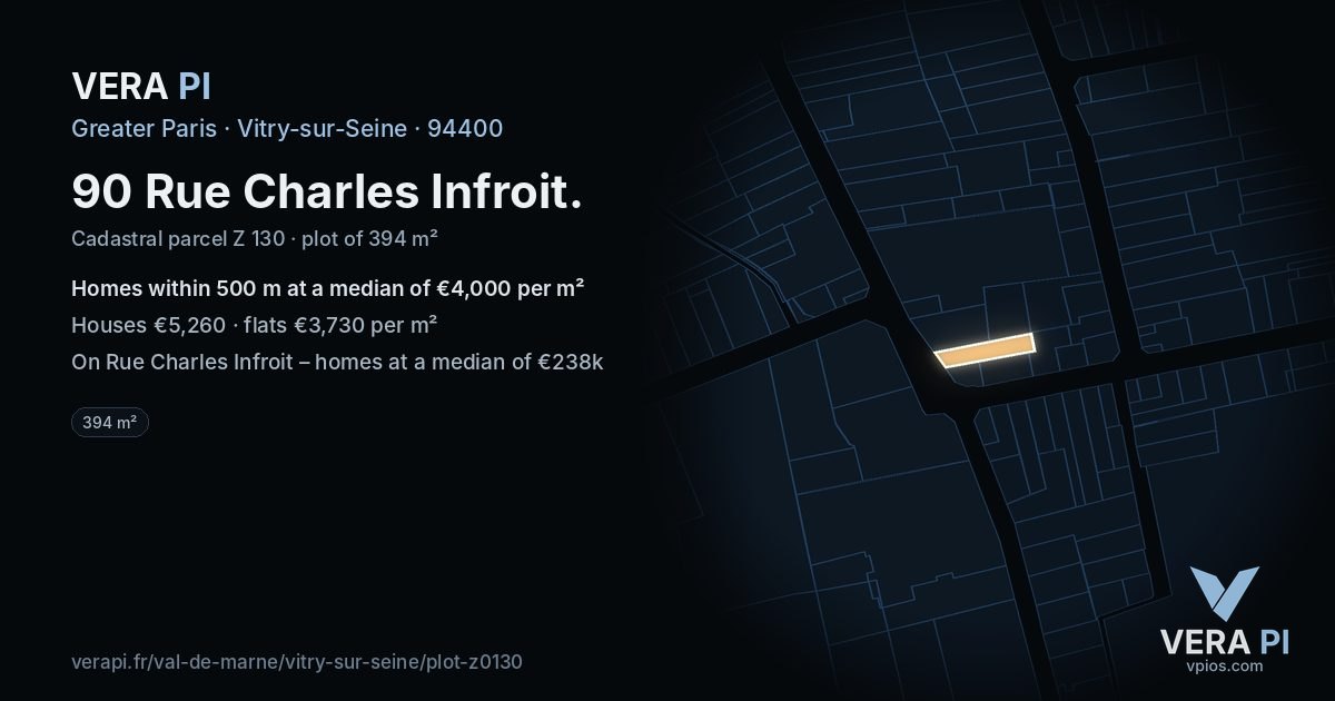 90 Rue Charles Infroit, Vitry-sur-Seine at night – the plot lit, the parcels around coloured by the prices near them