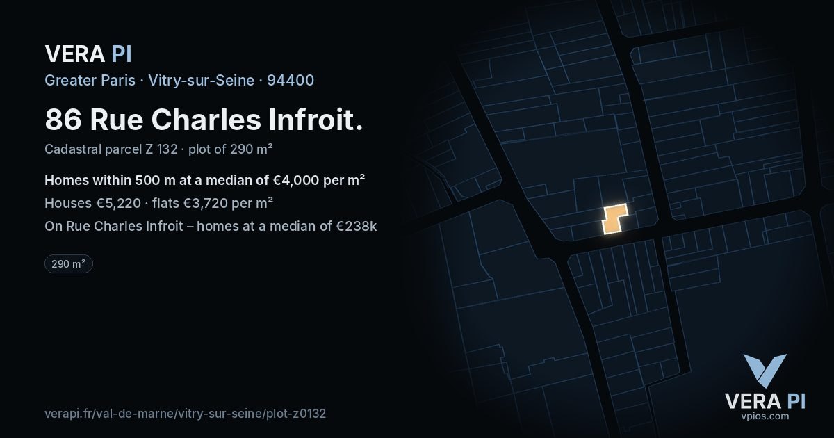 86 Rue Charles Infroit, Vitry-sur-Seine at night – the plot lit, the parcels around coloured by the prices near them