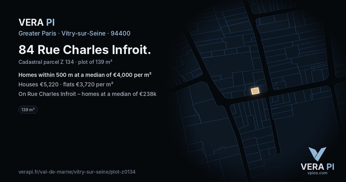84 Rue Charles Infroit, Vitry-sur-Seine at night – the plot lit, the parcels around coloured by the prices near them
