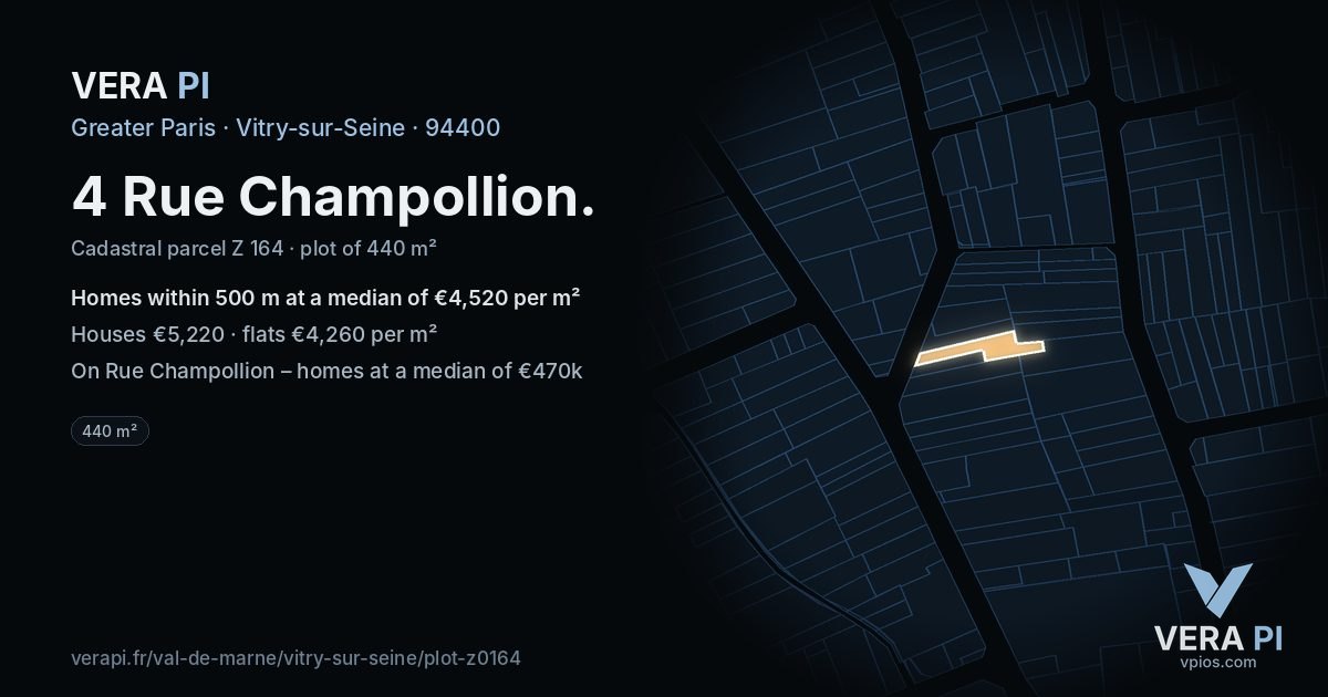 4 Rue Champollion, Vitry-sur-Seine at night – the plot lit, the parcels around coloured by the prices near them