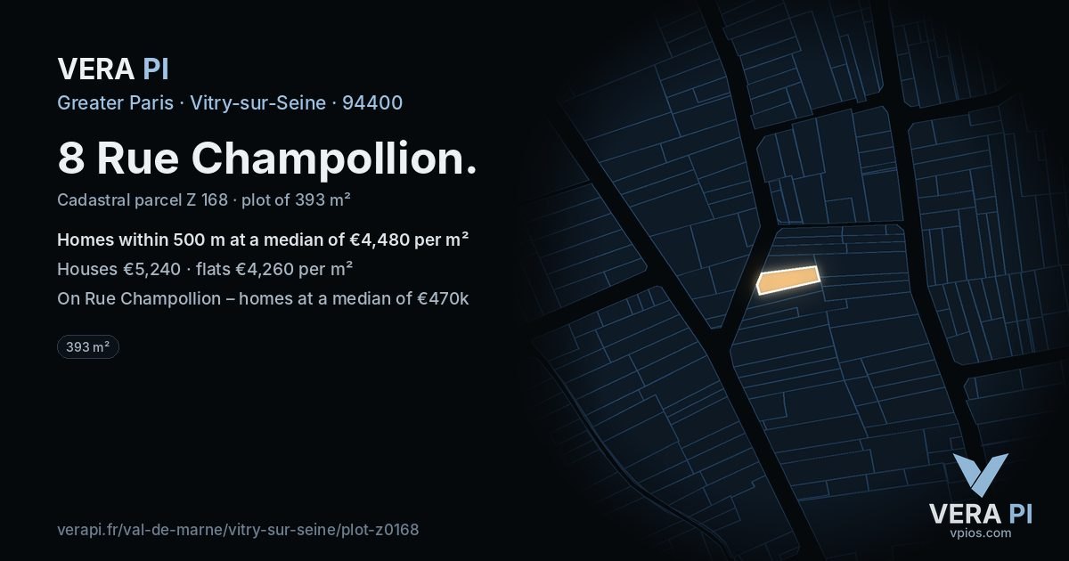 8 Rue Champollion, Vitry-sur-Seine at night – the plot lit, the parcels around coloured by the prices near them