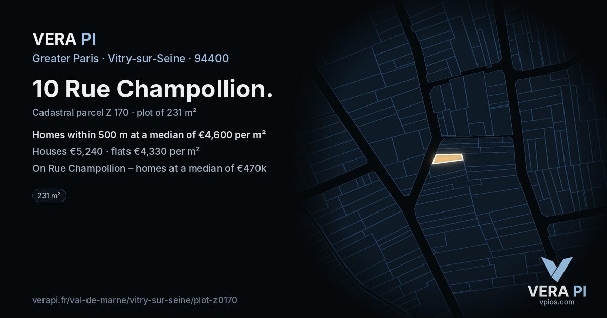 10 Rue Champollion, Vitry-sur-Seine at night – the plot lit, the parcels around coloured by the prices near them