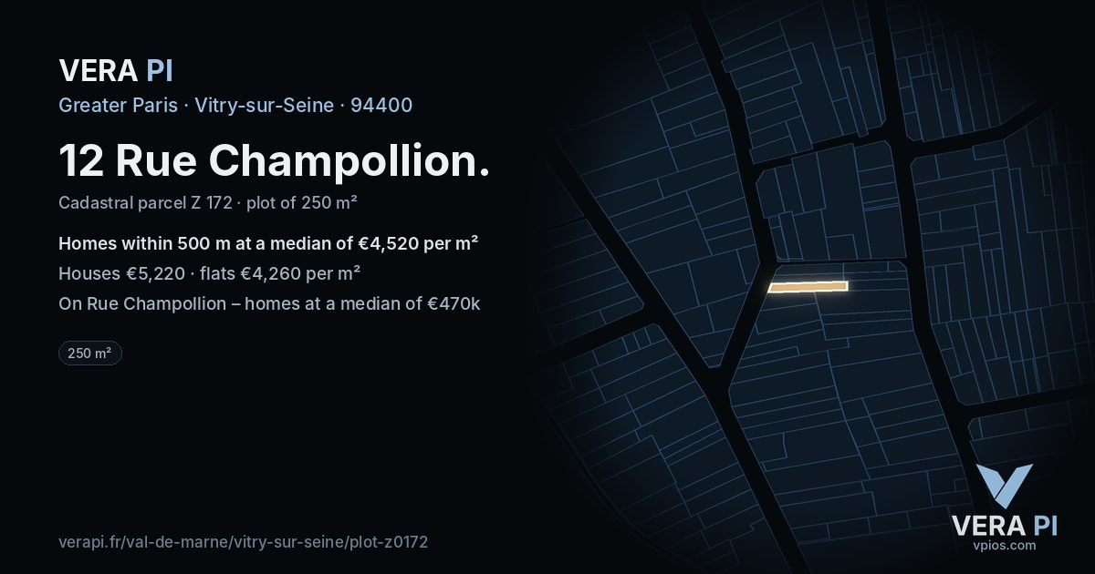 12 Rue Champollion, Vitry-sur-Seine at night – the plot lit, the parcels around coloured by the prices near them