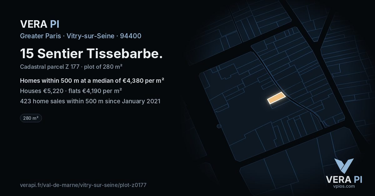 15 Sentier Tissebarbe, Vitry-sur-Seine at night – the plot lit, the parcels around coloured by the prices near them