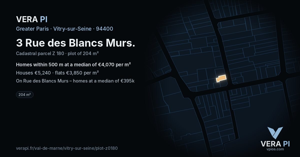 3 Rue des Blancs Murs, Vitry-sur-Seine at night – the plot lit, the parcels around coloured by the prices near them